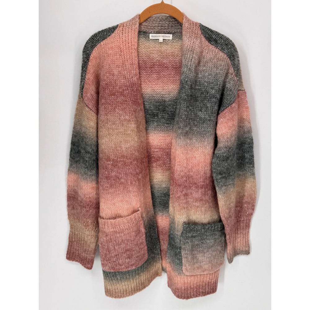 Madison + Hudson Cardigan Womens L Pink Grey Ombre Open Front Pocket Fuzzy Knit